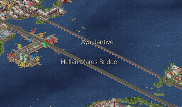 The Hellan Mares Bridge named after a former mayor of Bela Hviern, spans the Aya Jantives to connect the South and East.