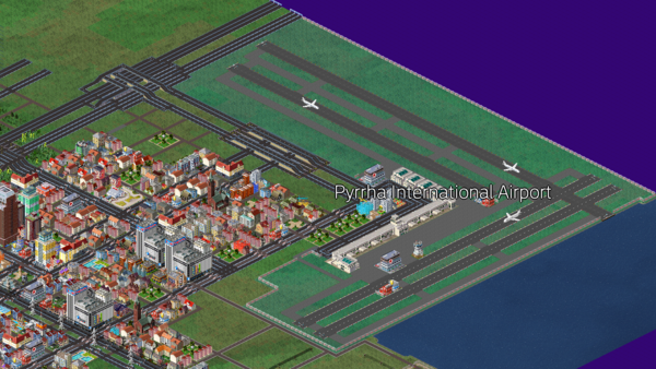 The Pyrrha International Airport on the eastern end of the city of Pyrrha.