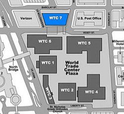 The akward placement in relation to the rest of the WTC (WTC 7 was disconnected from the original complex).