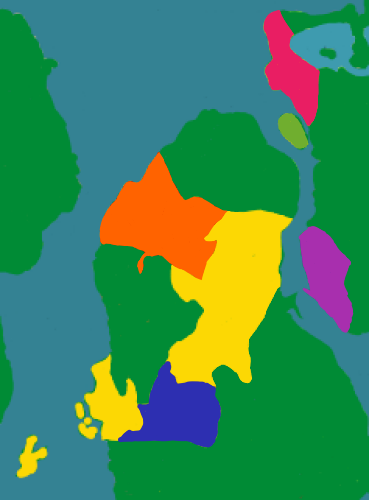 Orange - Verdie-Inova region (released in 1930)<br />Blue - Centralfield (Released in 1933)<br />Purple - Deevos (Released in 1936)<br />Magenta - Medina (Released in 1940)<br />Light green - Meima Isle (Released in 1944)